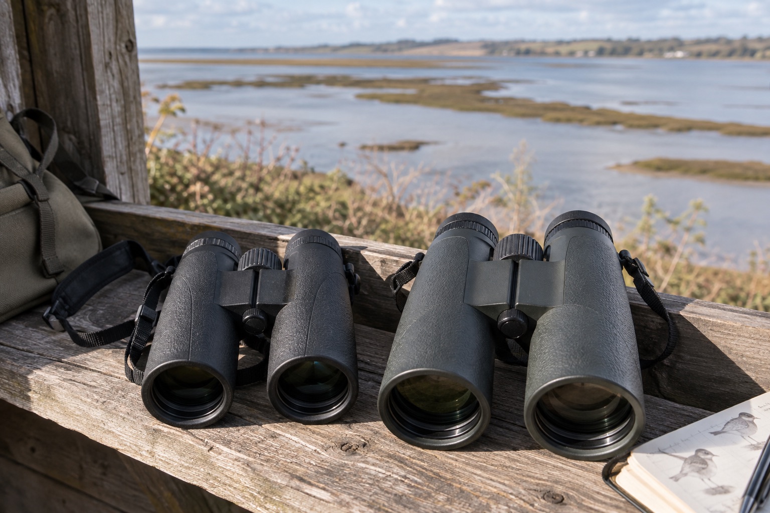 Smaller and larger unbranded roof-prism binoculars on an estuary hide bench