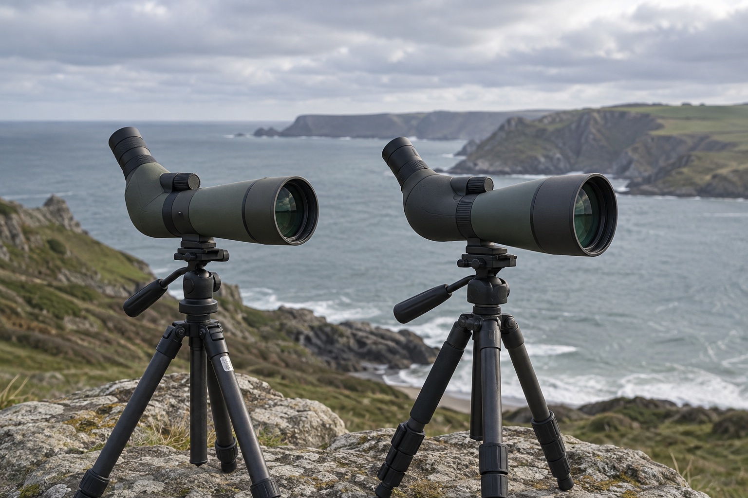Two differently sized unbranded compact spotting scopes on separate tripods at the coast