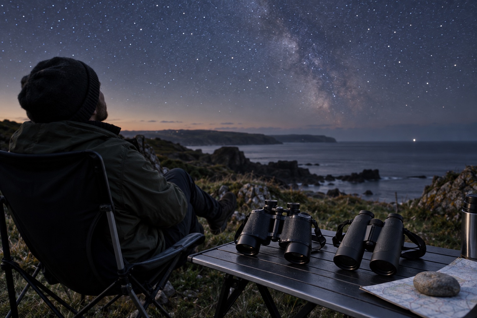 Two unbranded 50mm binocular styles beside a seated stargazer on a dark coastal headland