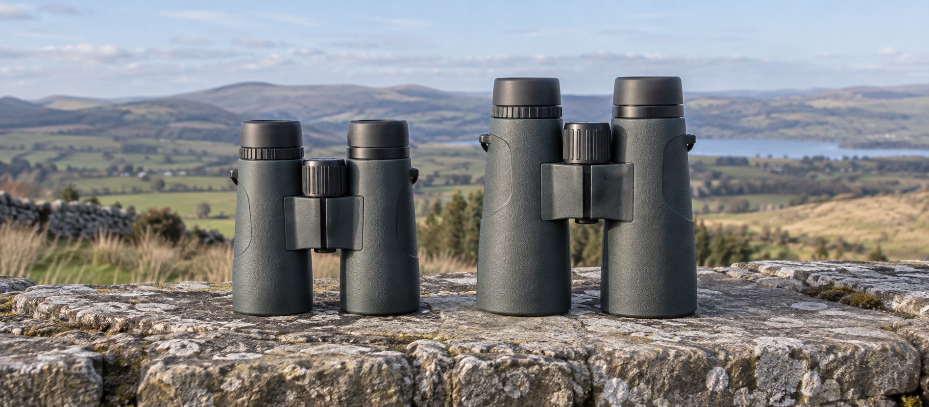 Smaller and larger roof-prism binoculars compared on a stone wall above British hills