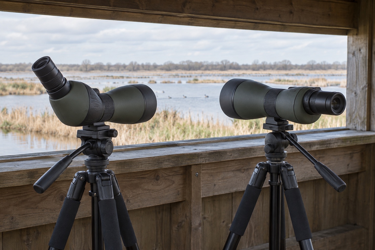 Angled and straight-through spotting scopes set up side by side in a wetland hide