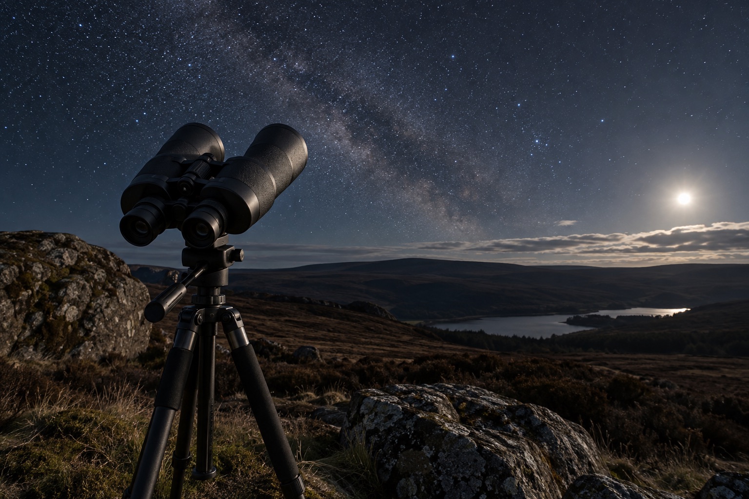 Large unbranded binoculars on a tripod beneath a dark night sky