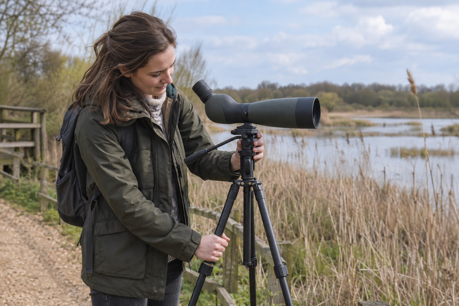 New observer setting up an angled spotting scope beside a reedbed