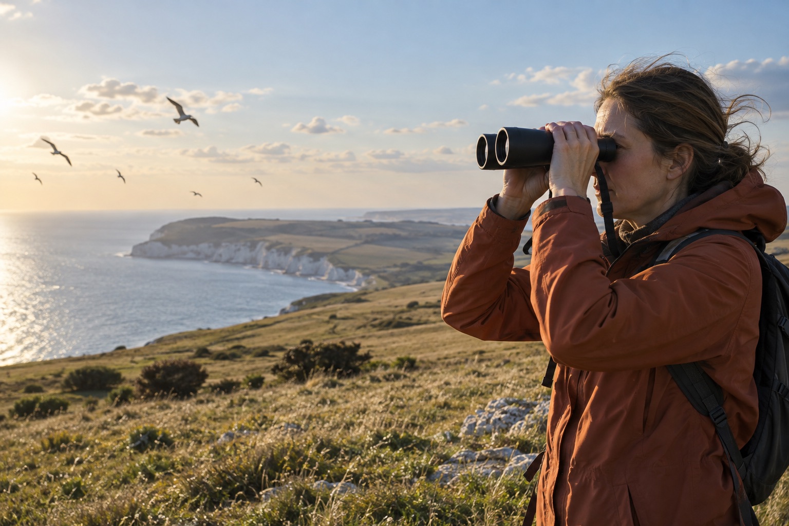 Birdwatcher using binoculars across open British downland