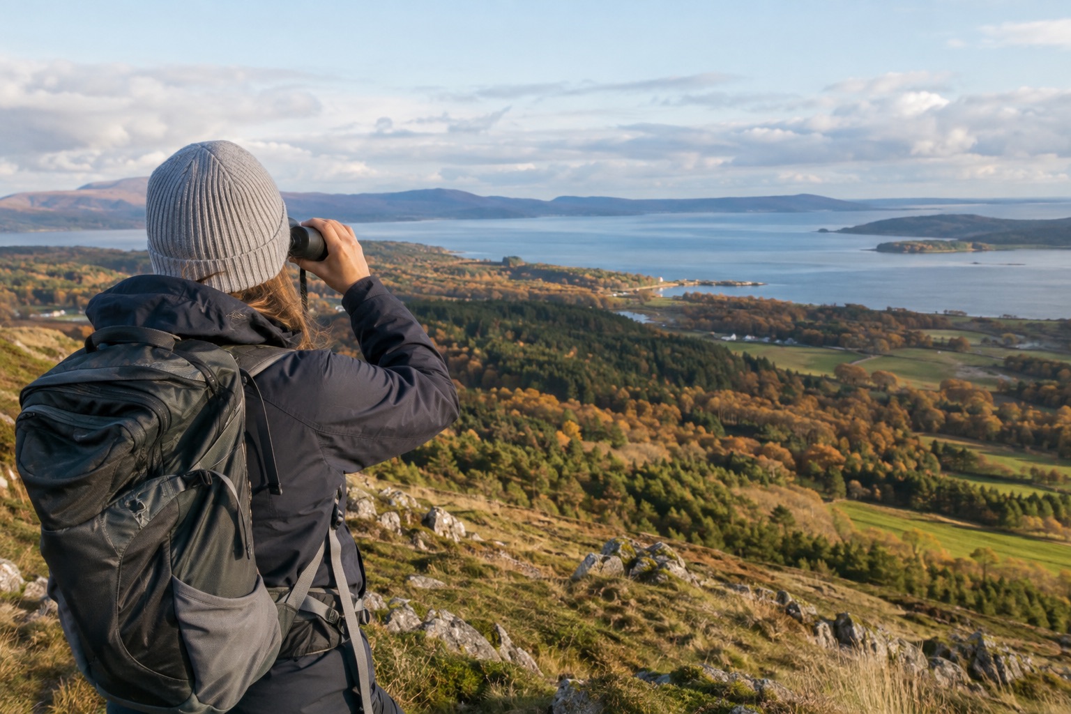 Observer with binoculars at a hilltop overlooking British woodland and coast