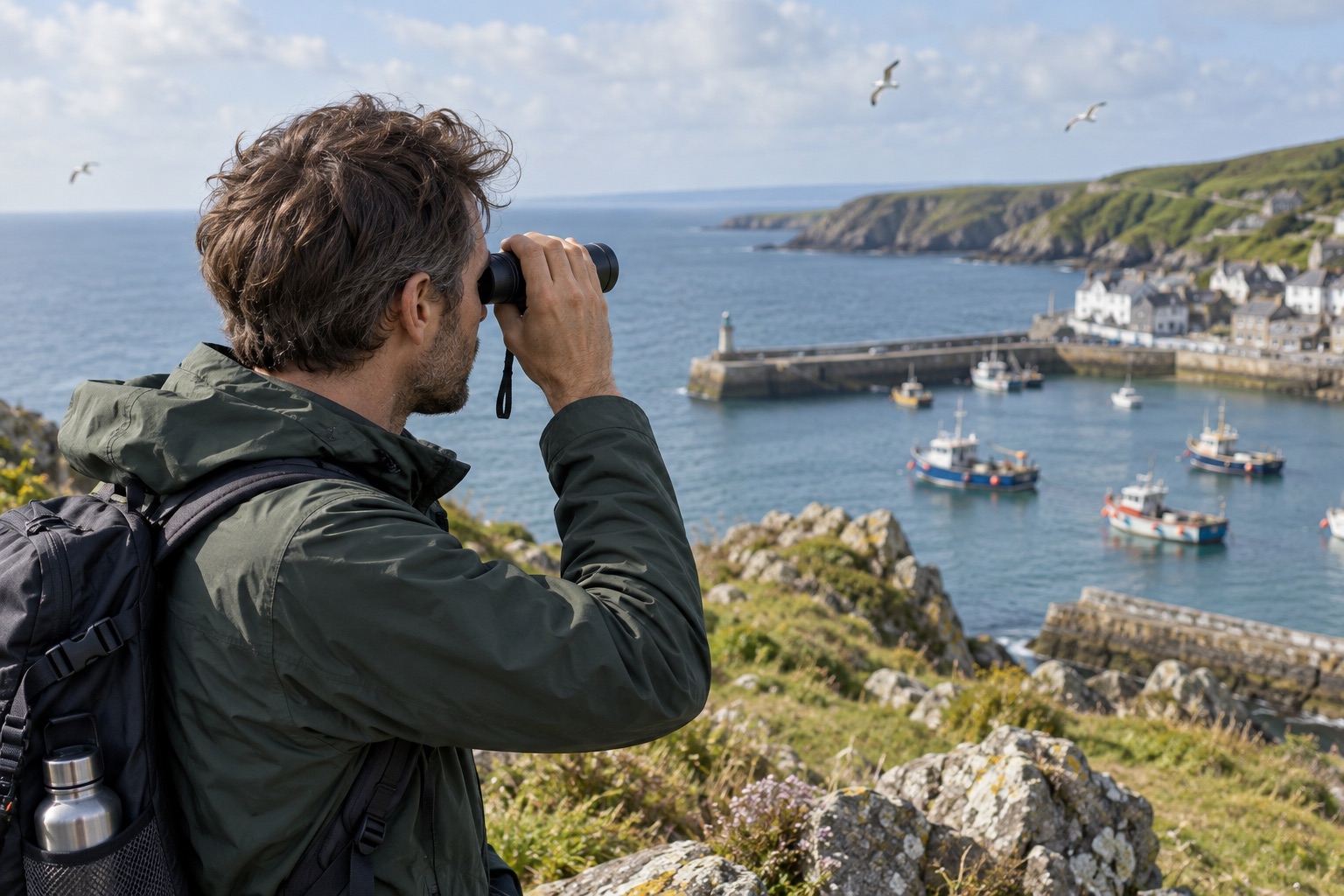 Walker using an unbranded compact monocular above a British harbour