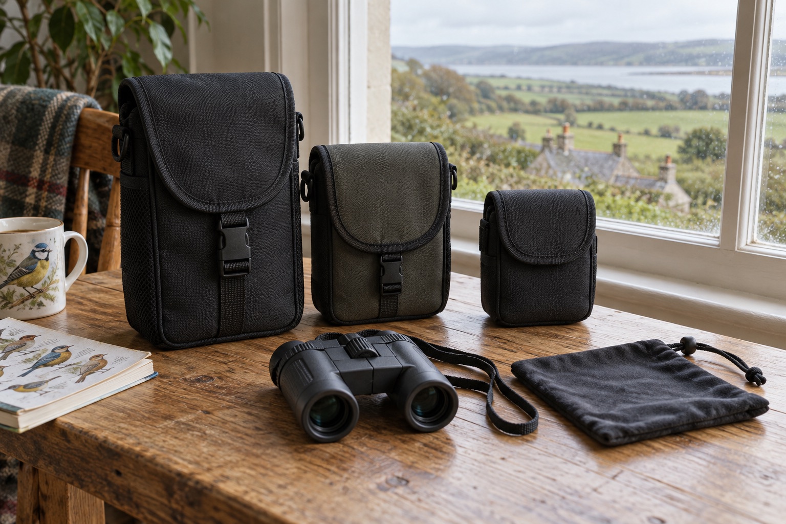 Three unbranded soft binocular cases beside a compact binocular on a wooden table