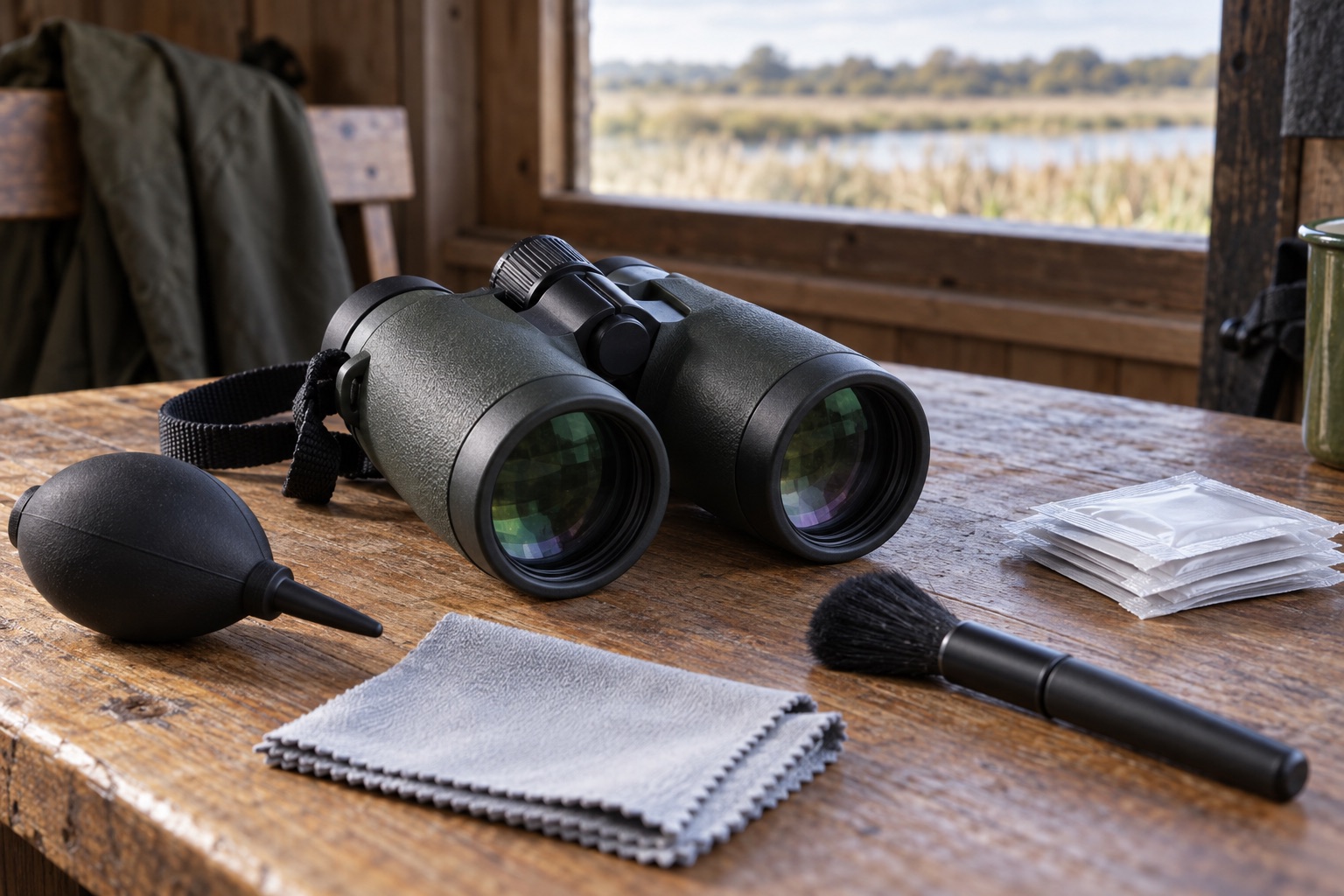 Binoculars beside a blower, soft brush, microfibre cloth and sealed lens wipes