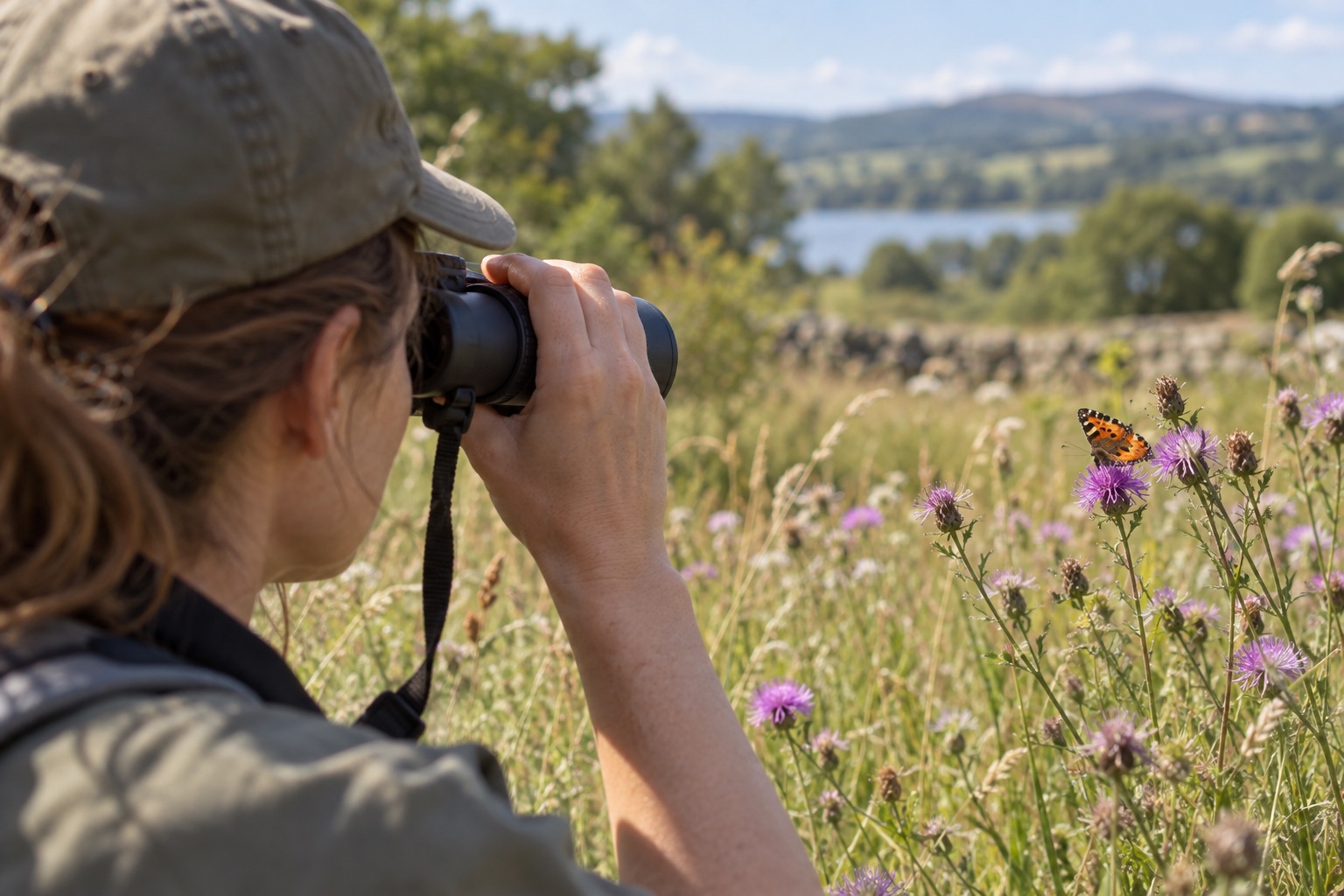 Observer using binoculars to watch a butterfly in a meadow