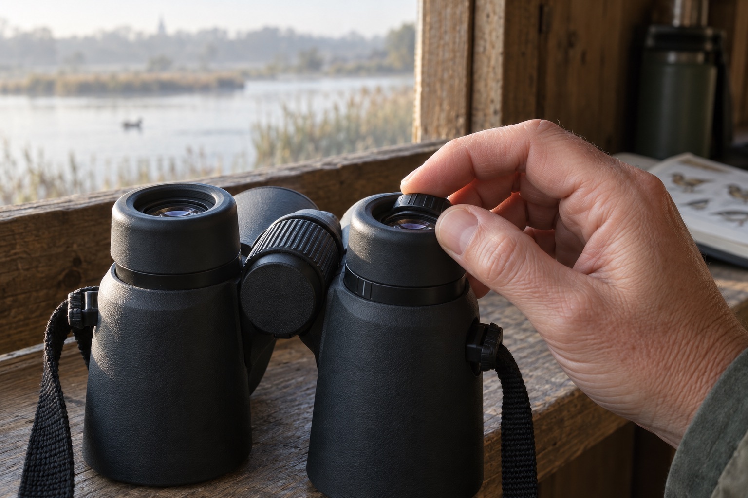 Hand adjusting the right-eyepiece dioptre on unbranded binoculars