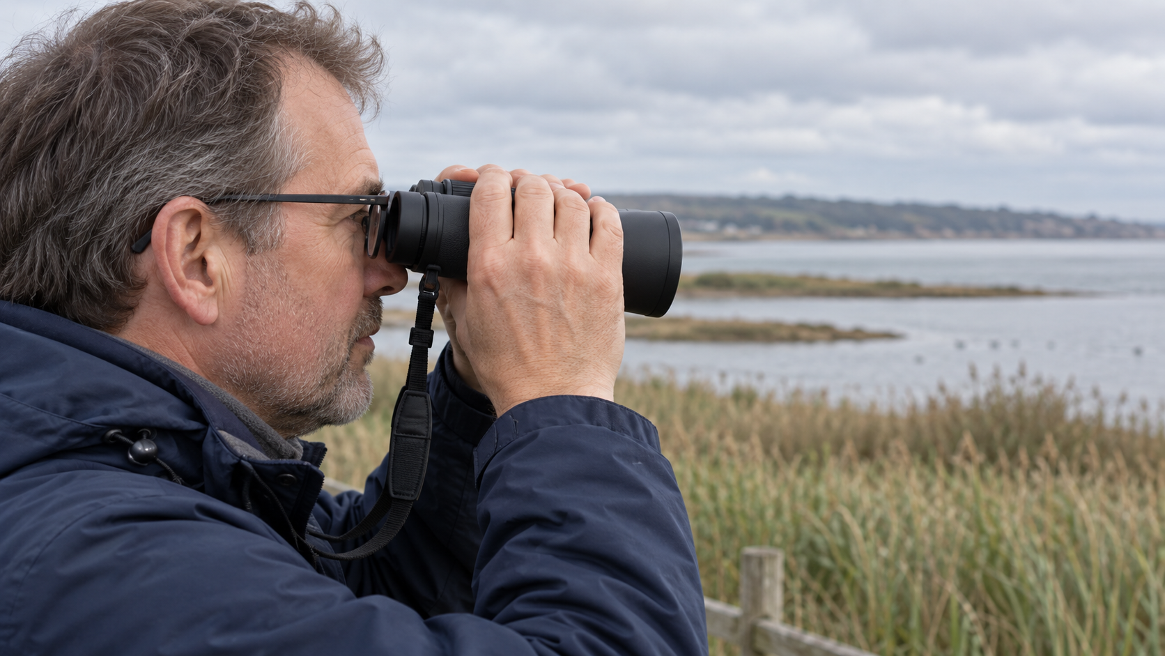 A glasses wearer correctly using unbranded binoculars with retracted eyecups