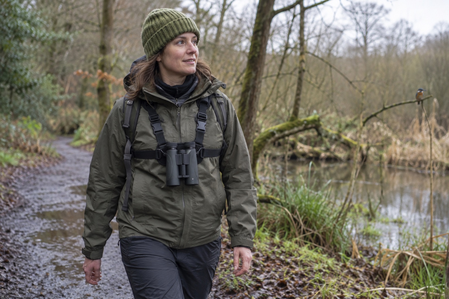 Walker carrying unbranded binoculars in a chest harness on a woodland path