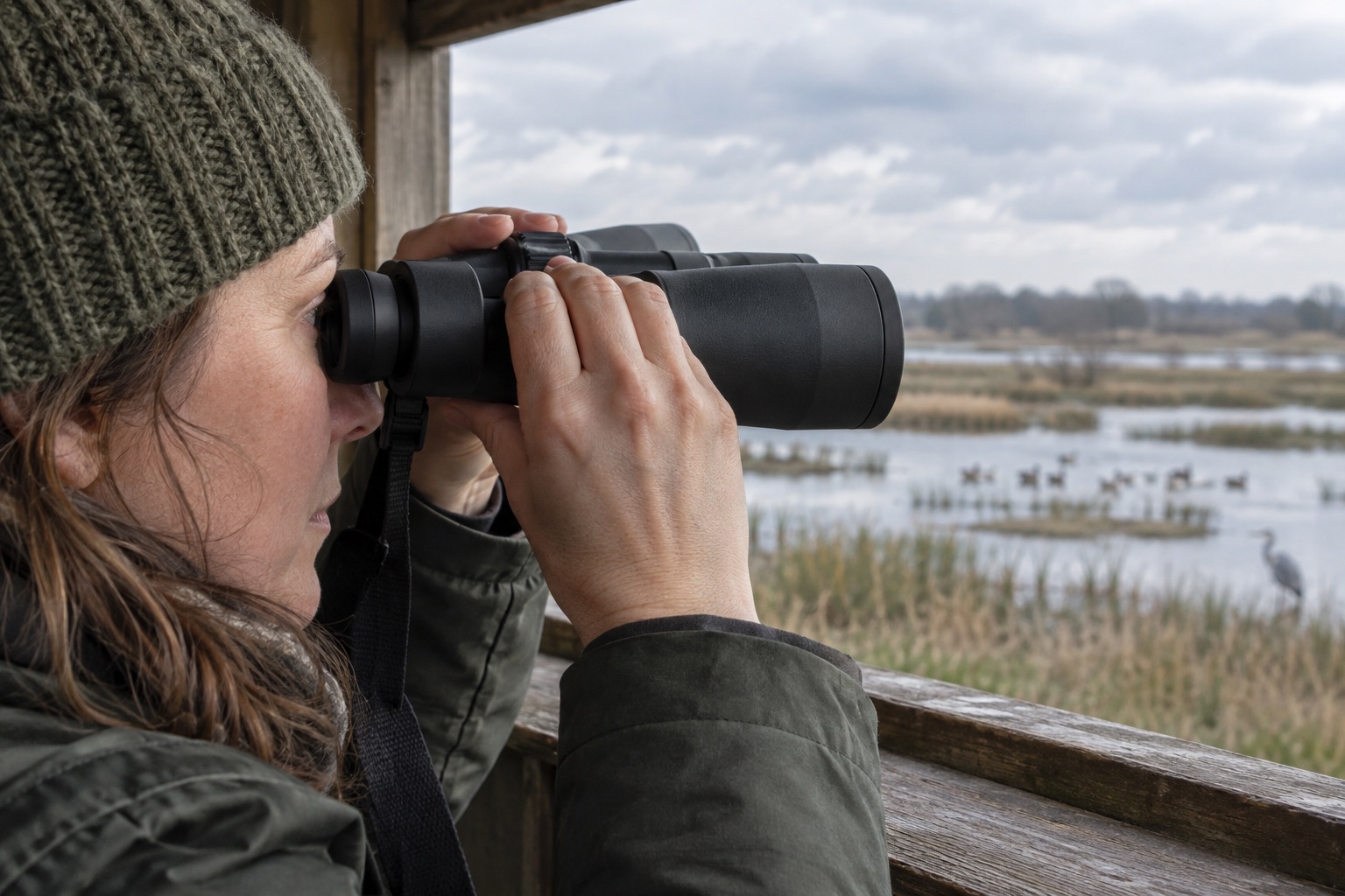 Side view of an observer placing binocular eyepieces correctly at the eyes while adjusting the central hinge