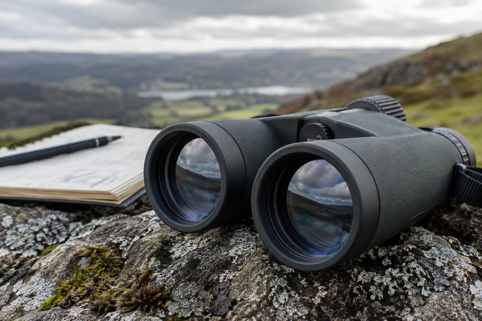 Close view of violet and green reflections across unbranded binocular objective lenses