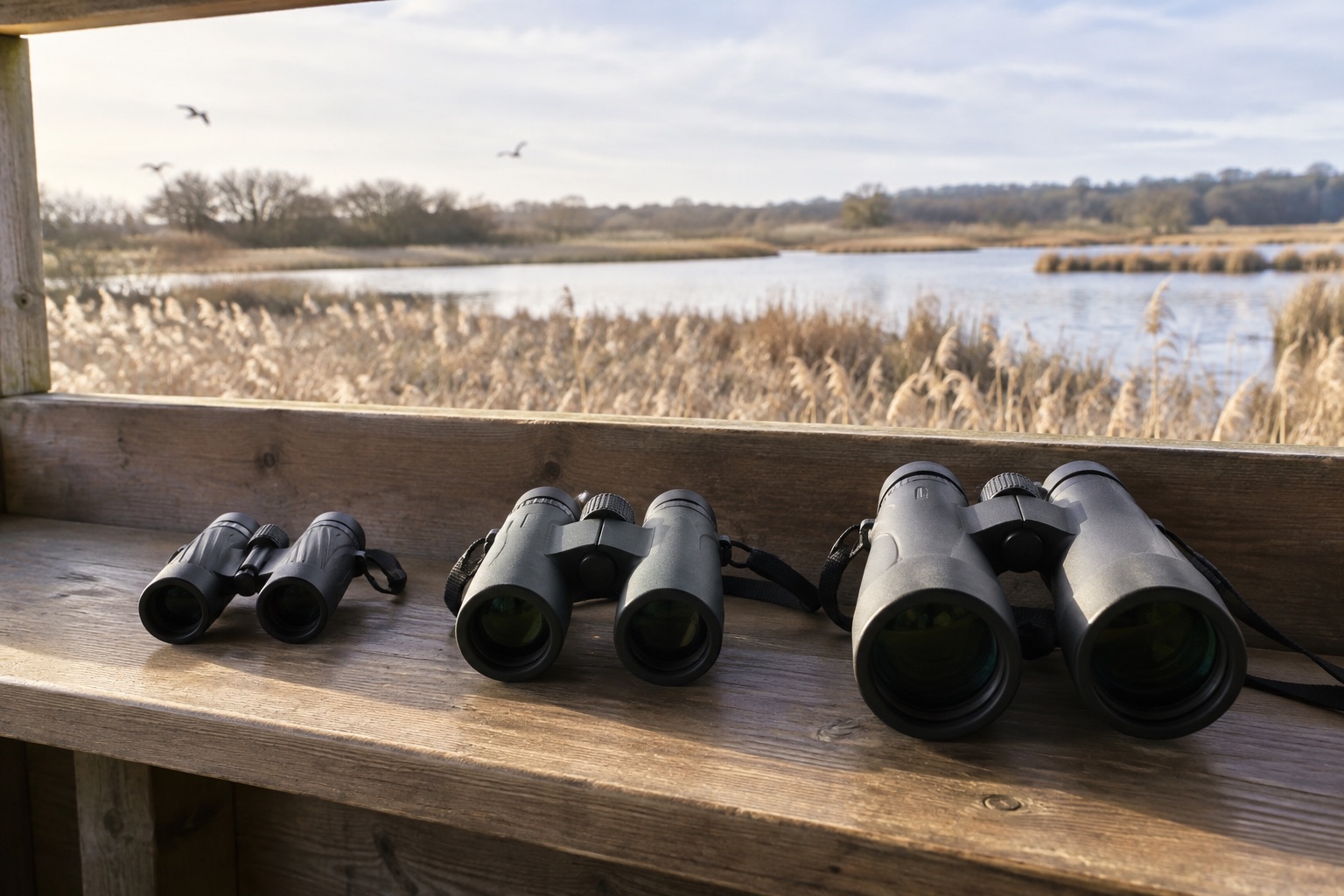 Three differently sized unbranded binoculars on a shelf facing a reedbed
