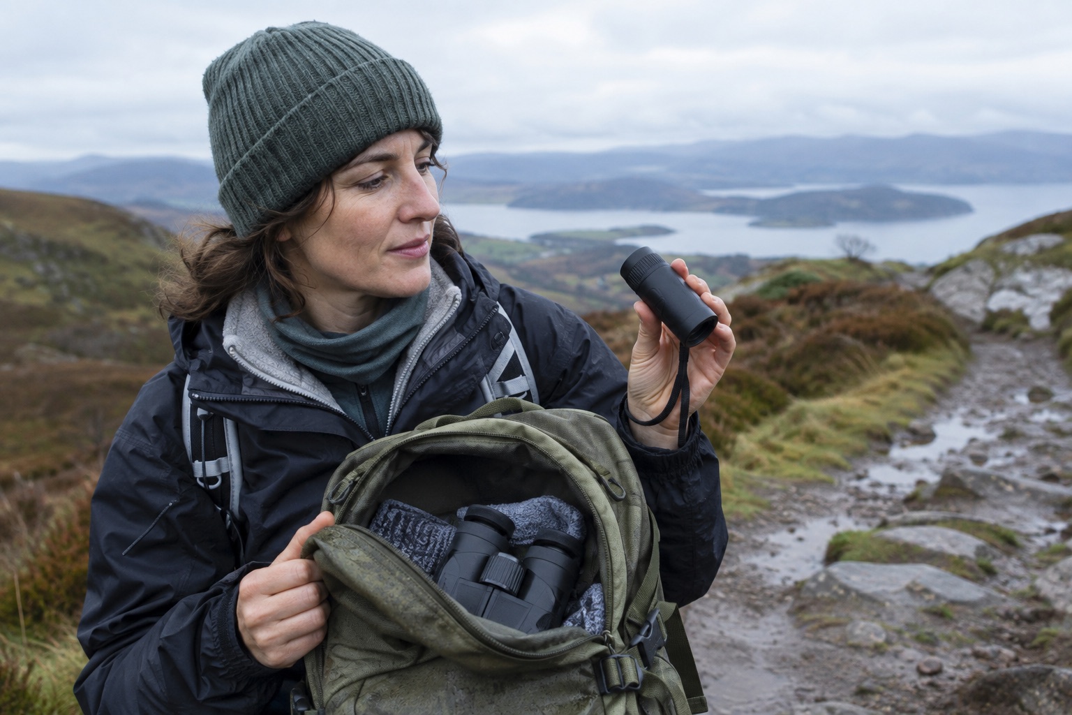 Walker holding an unbranded monocular with binoculars visible in an open daypack
