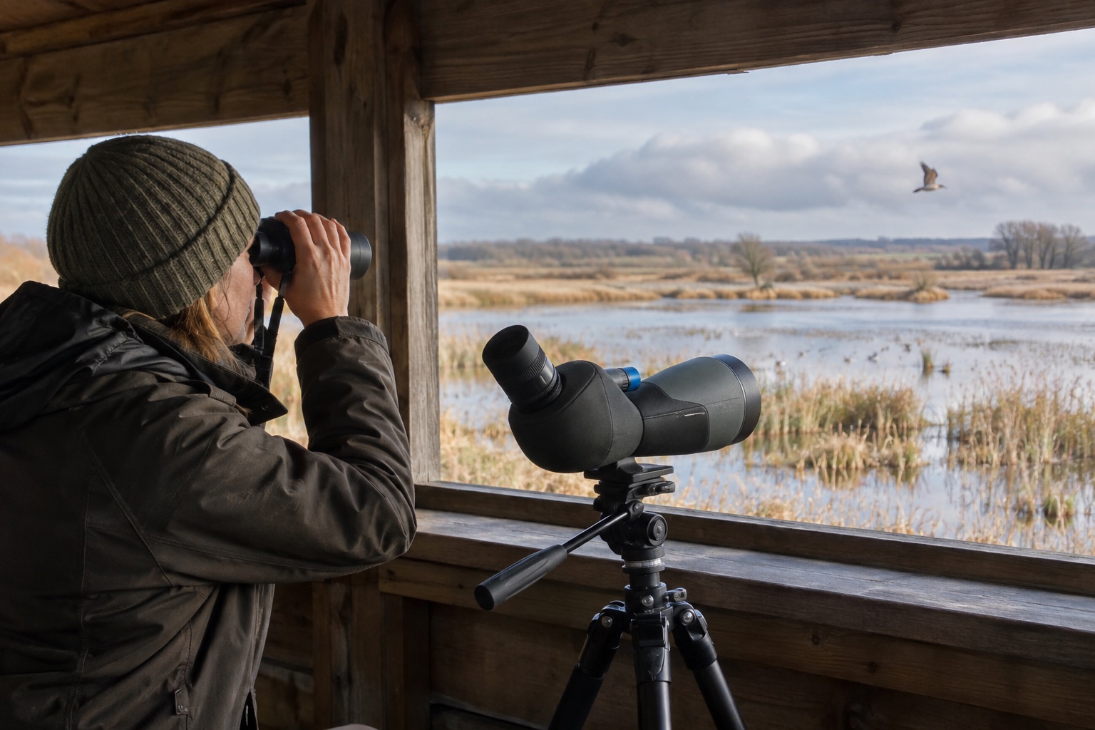Observer using binoculars beside a separate tripod-mounted angled spotting scope in a wetland hide