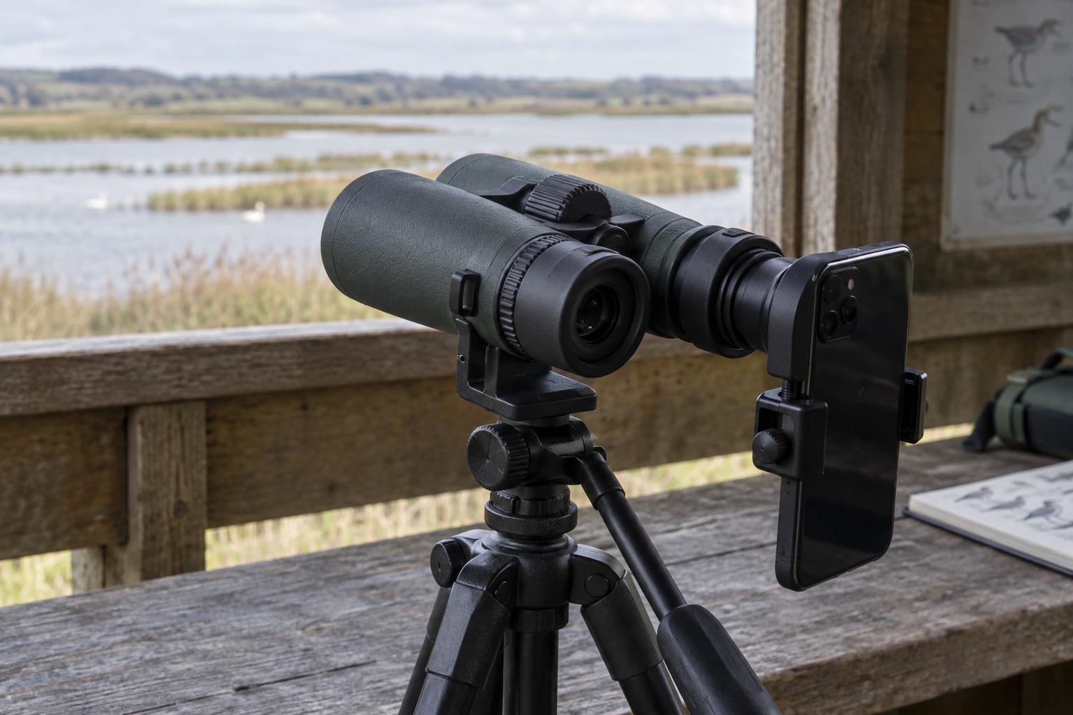 A smartphone aligned behind one eyepiece of mounted unbranded binoculars at a wetland hide