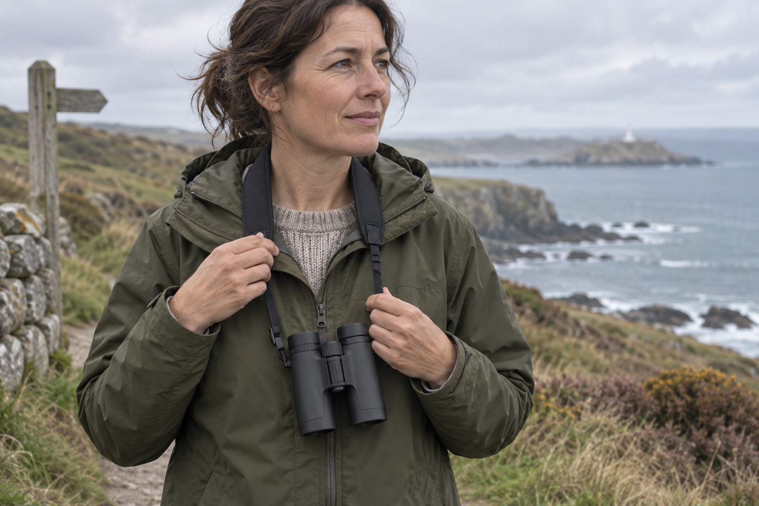 Walker adjusting the strap of unbranded binoculars on open heathland