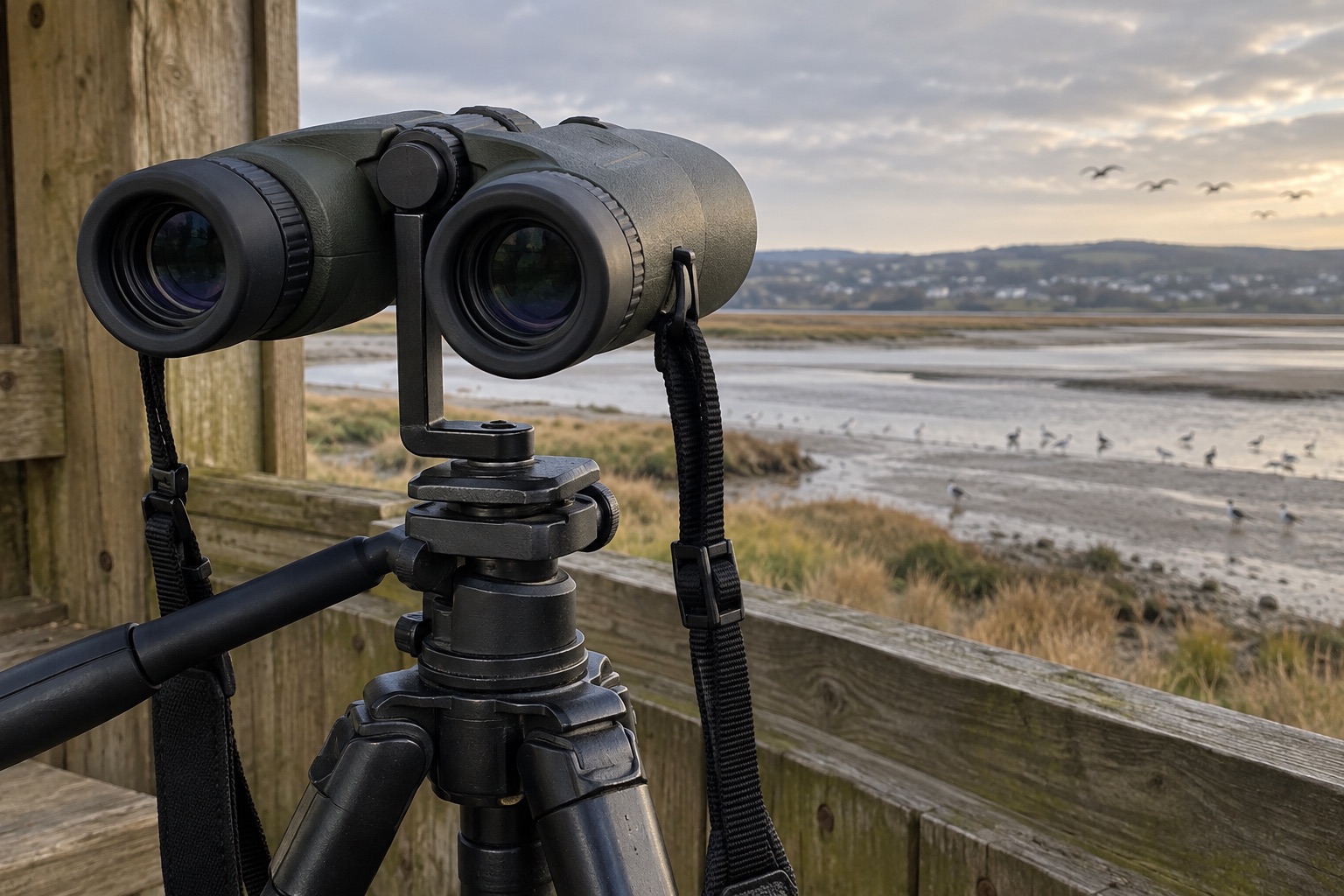 Unbranded binoculars mounted through a central bracket in an estuary hide