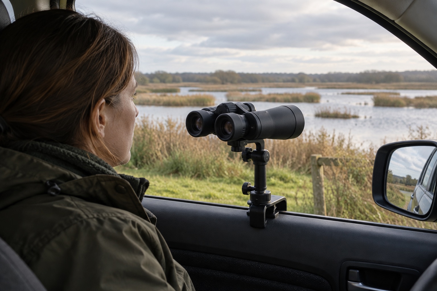 Mounted unbranded binoculars beside the open window of a safely parked car overlooking wetlands