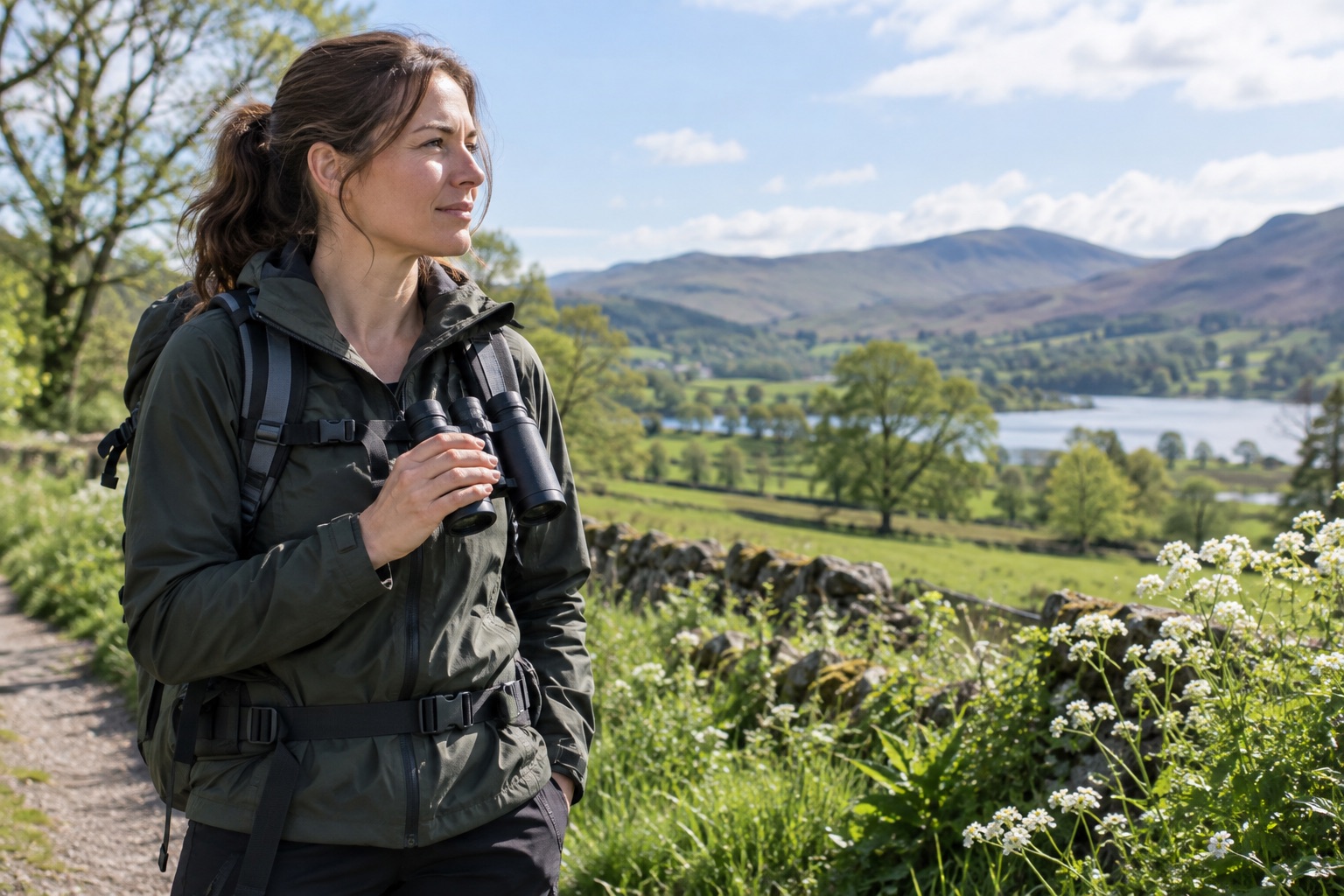 Walker holding compact binoculars beside a flowering meadow path