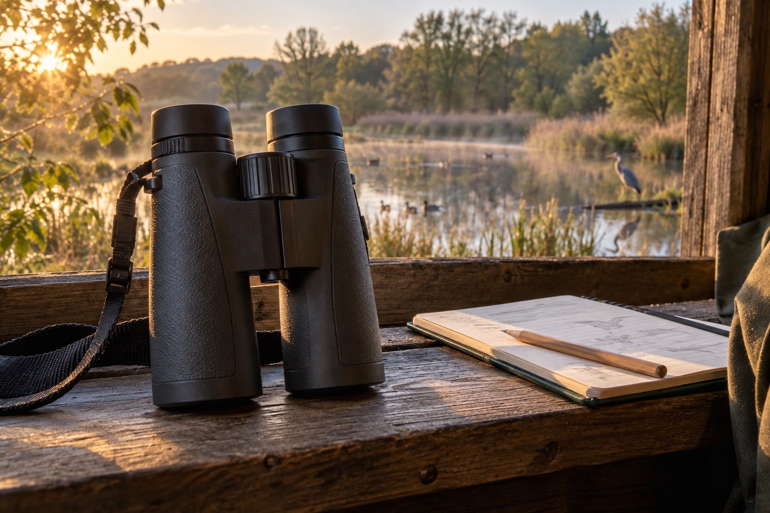 Full-size binoculars and field notebook on a woodland bird-hide shelf