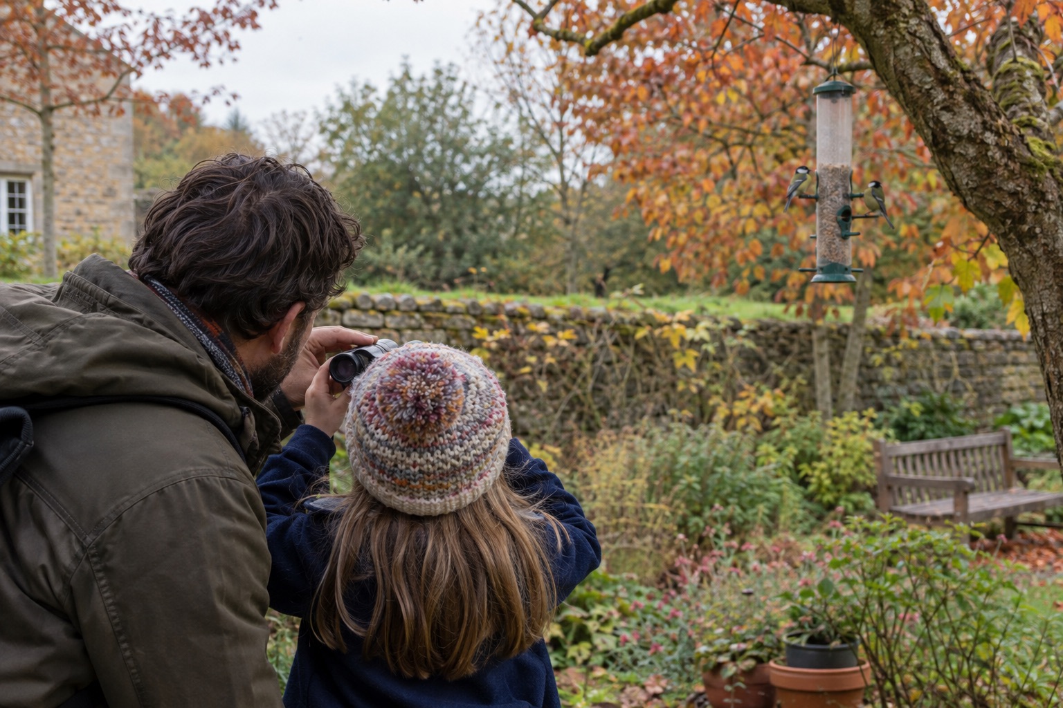 Adult helping a child look at a garden bird feeder with binoculars