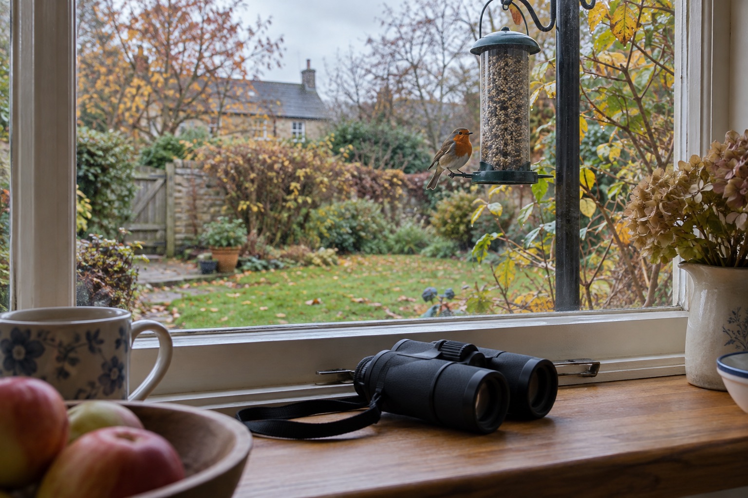 Robin at a garden feeder seen through a window with binoculars on the sill