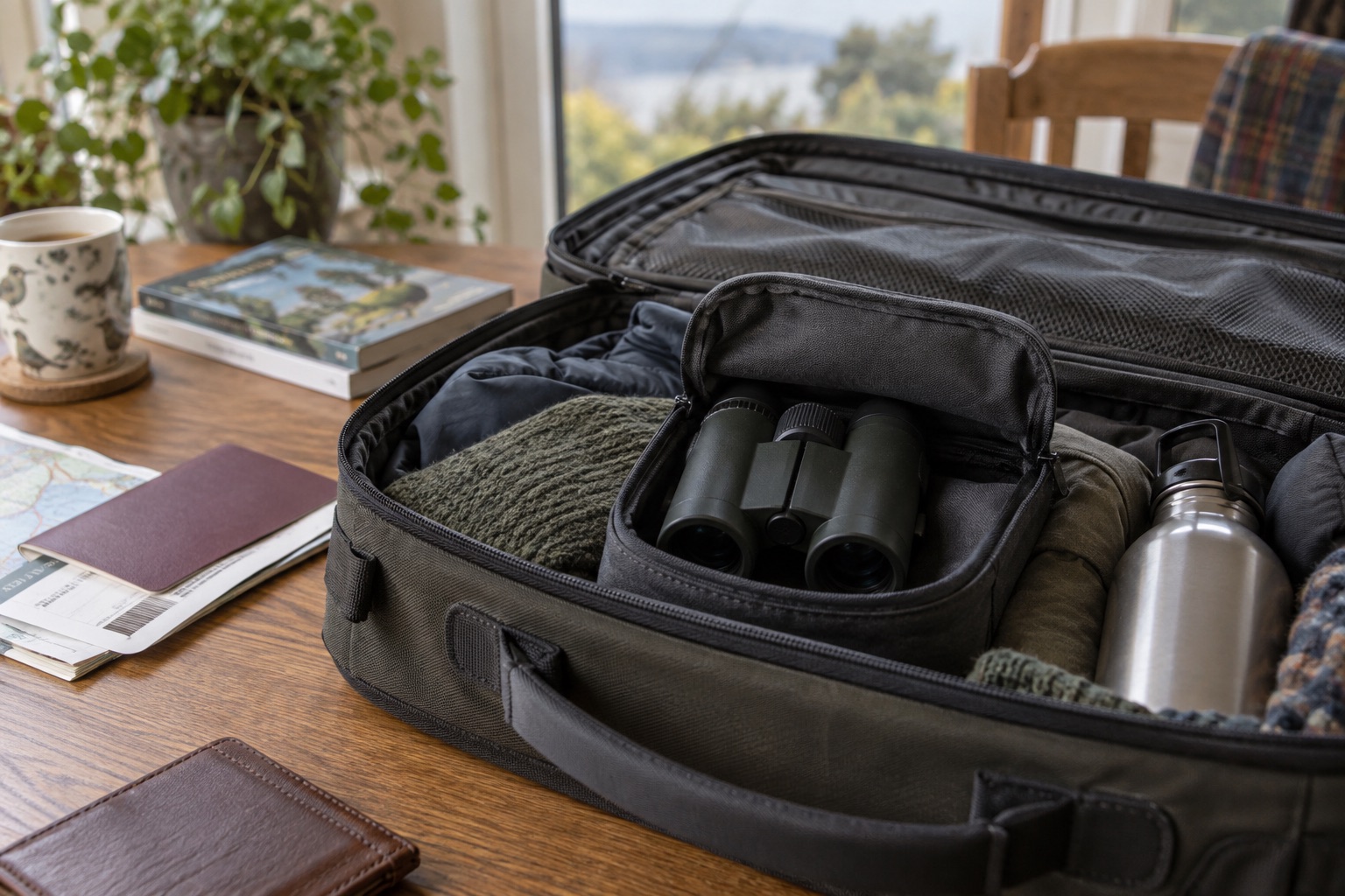 Unbranded binoculars in a padded pouch inside an open cabin bag at home