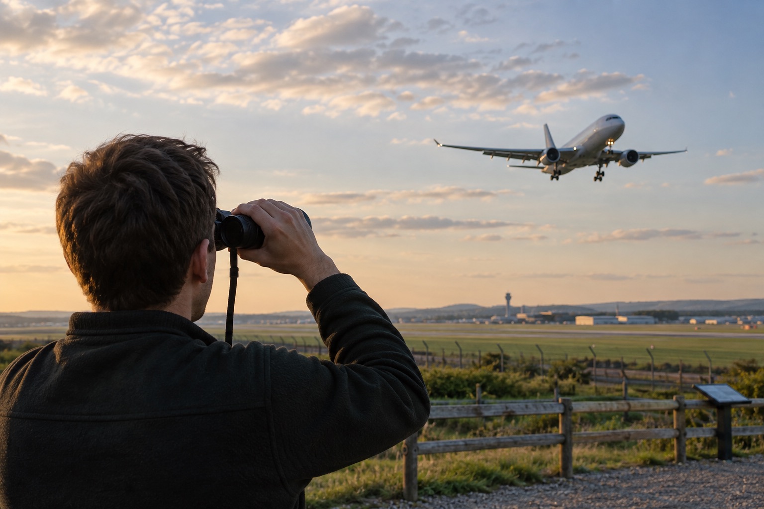 Aircraft enthusiast observing a plane from a public viewing area with binoculars