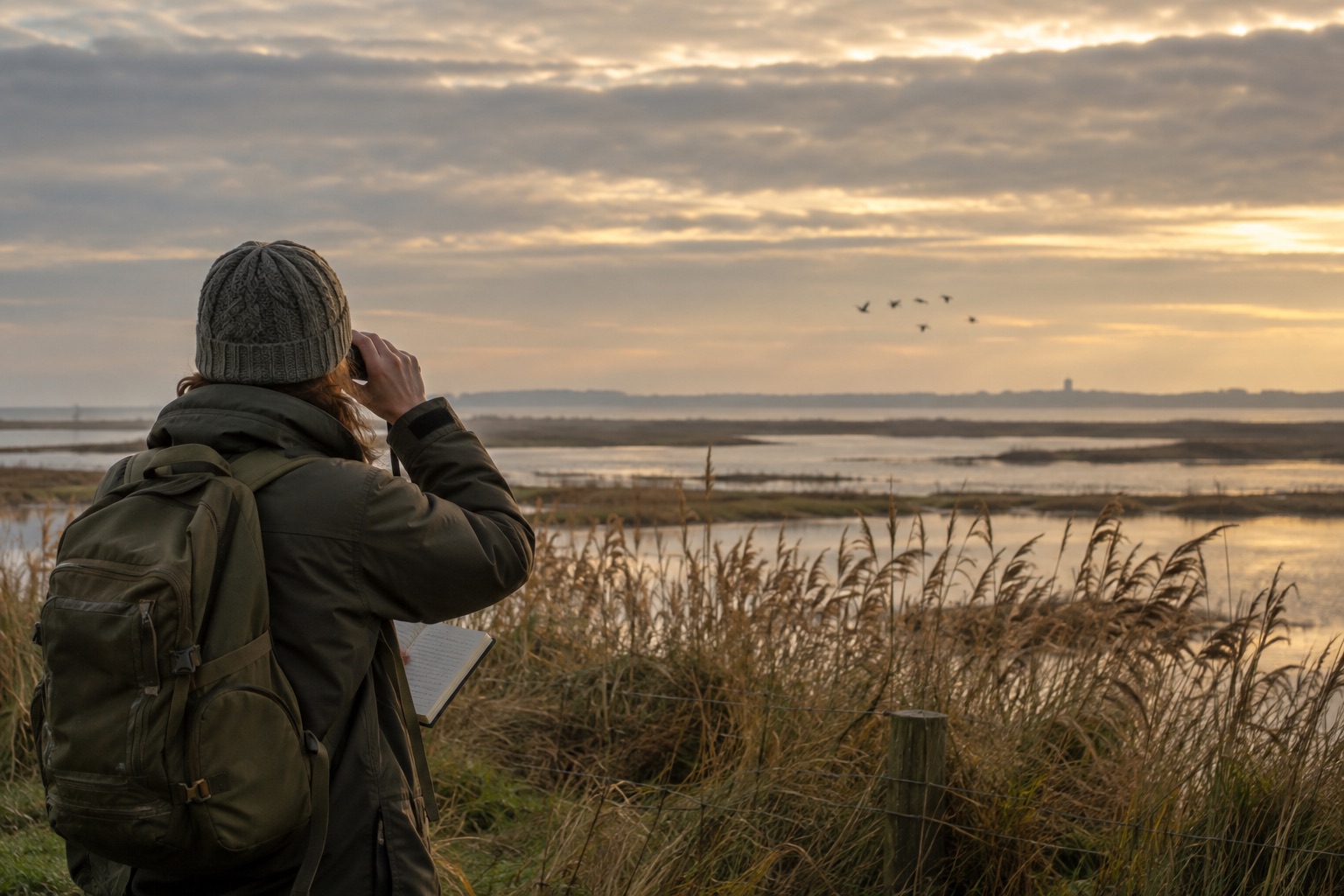 Birdwatcher carrying binoculars across a British wetland at dawn