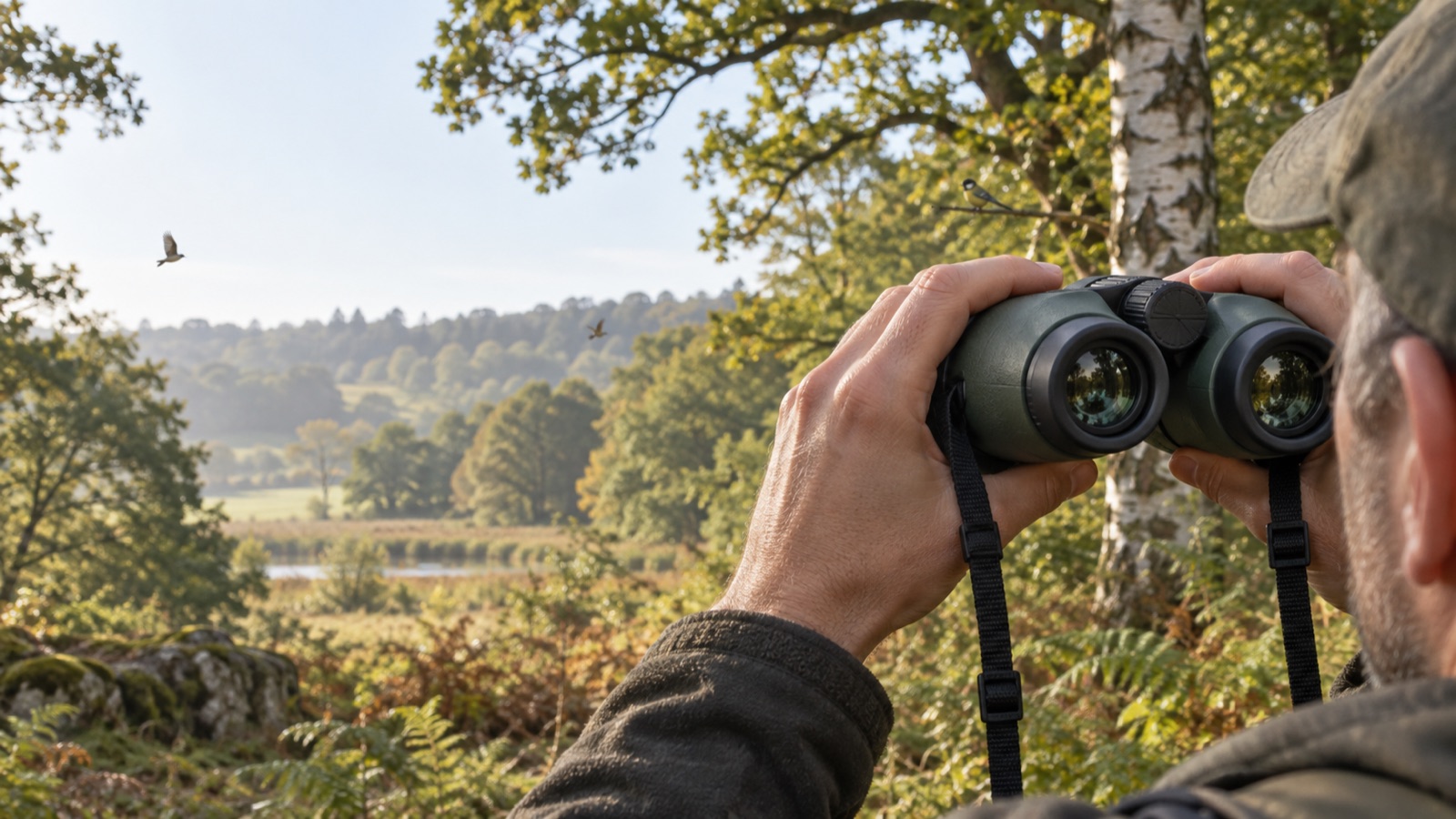 A birdwatcher raising unbranded binoculars in a British woodland clearing