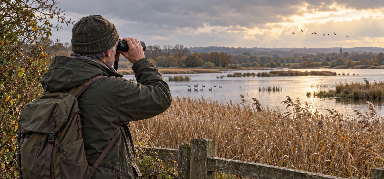 A birdwatcher scanning a British wetland with binoculars