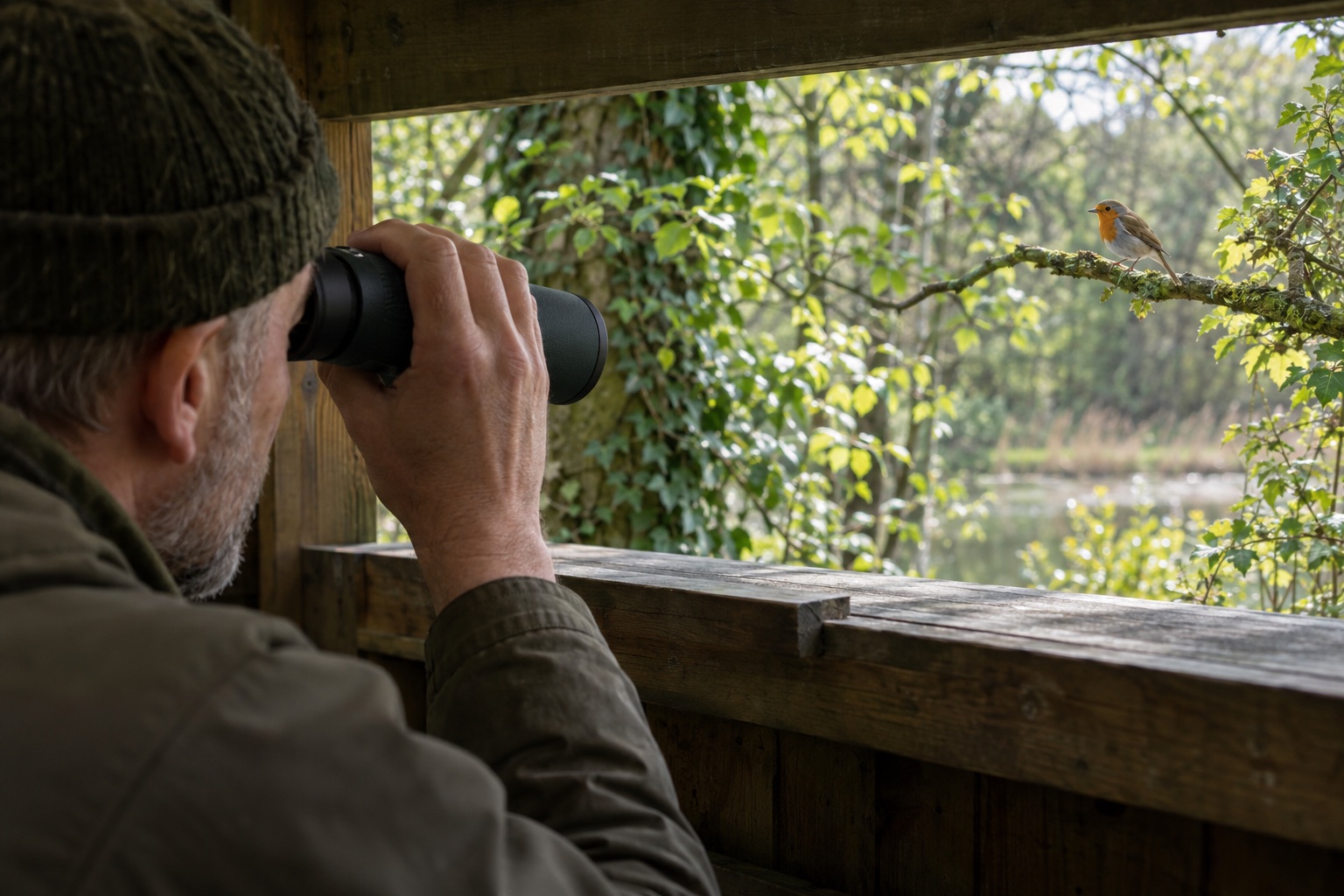 Birdwatcher using an unbranded monocular from a woodland hide