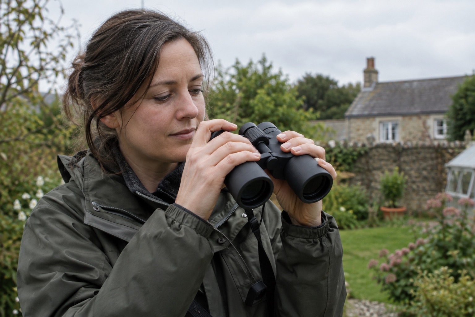 Observer adjusting the hinge of unbranded binoculars in a garden