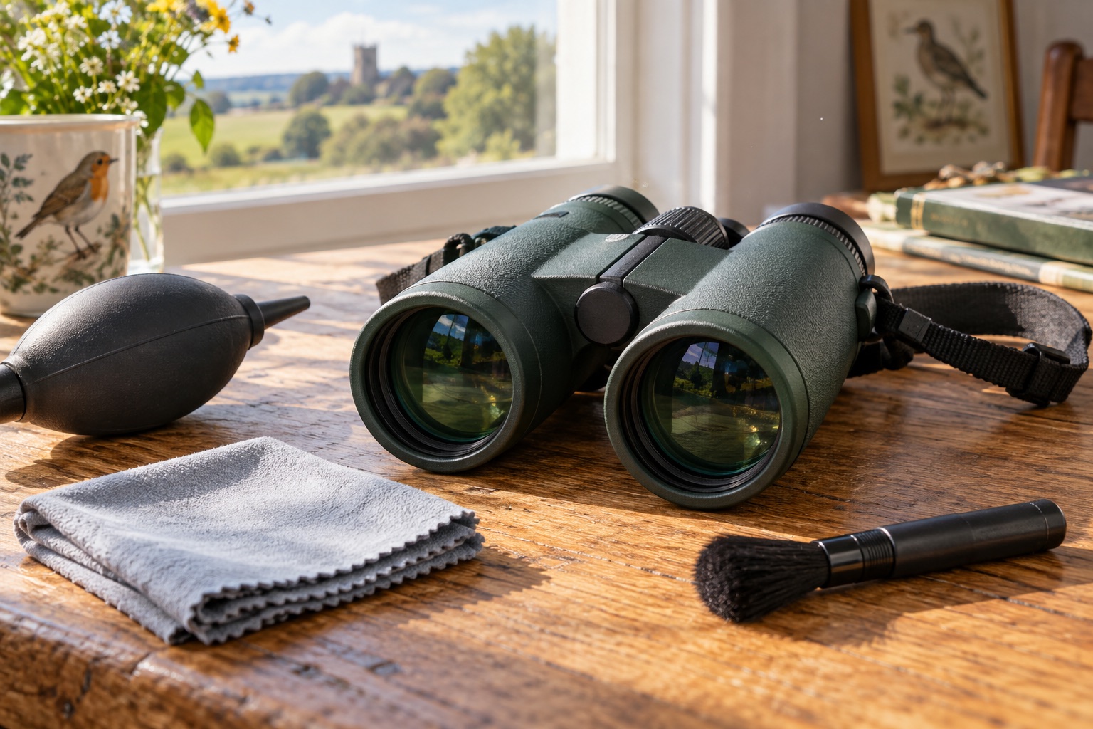 Unbranded binoculars beside a blower, soft brush and clean microfibre cloth