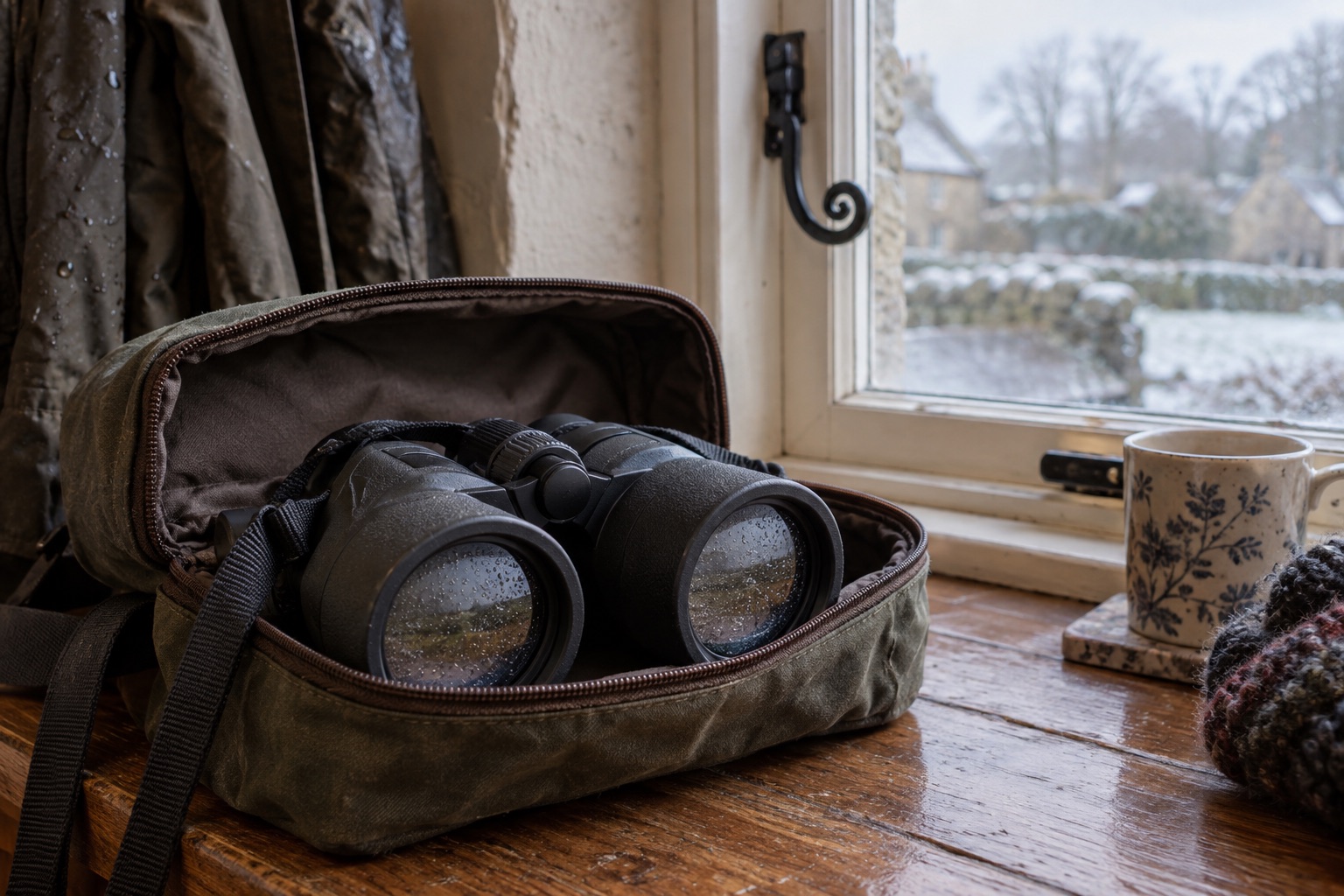 Binoculars in an open case by a window after a cold outing