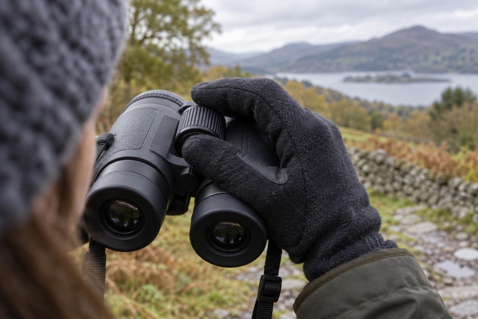 Hand gently adjusting the focus wheel of unbranded binoculars outdoors
