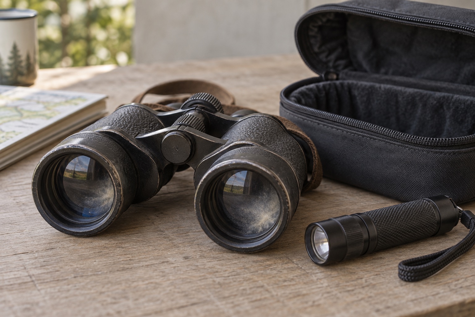 Older binoculars being inspected externally in soft daylight