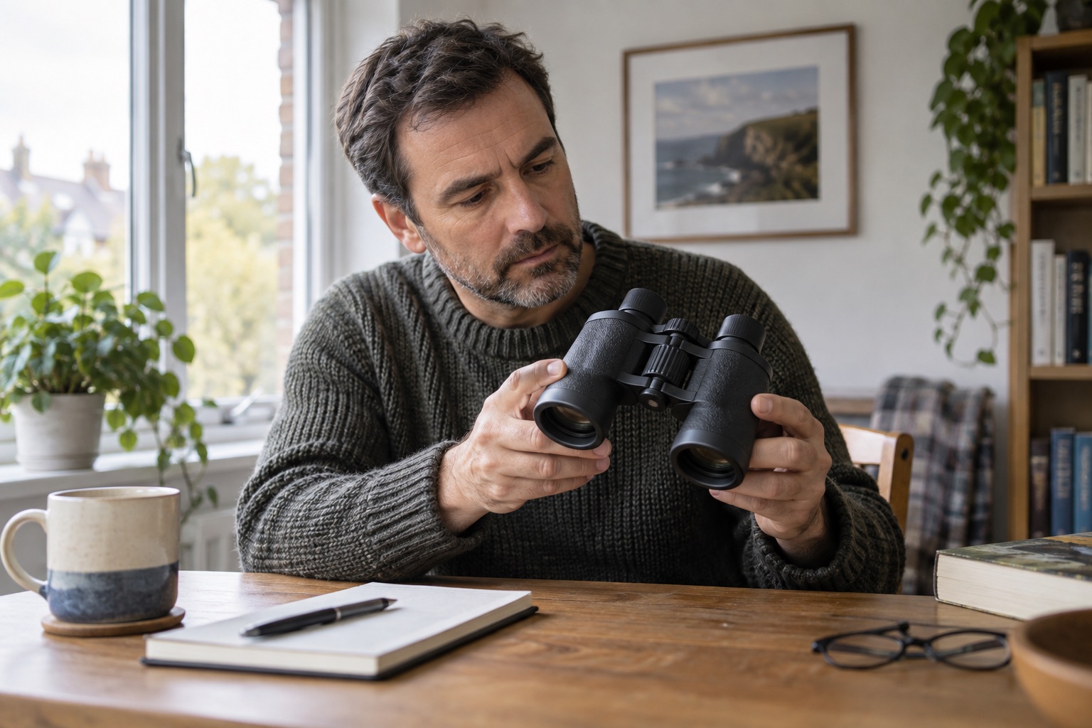 Owner inspecting intact binoculars at a desk before contacting a repairer