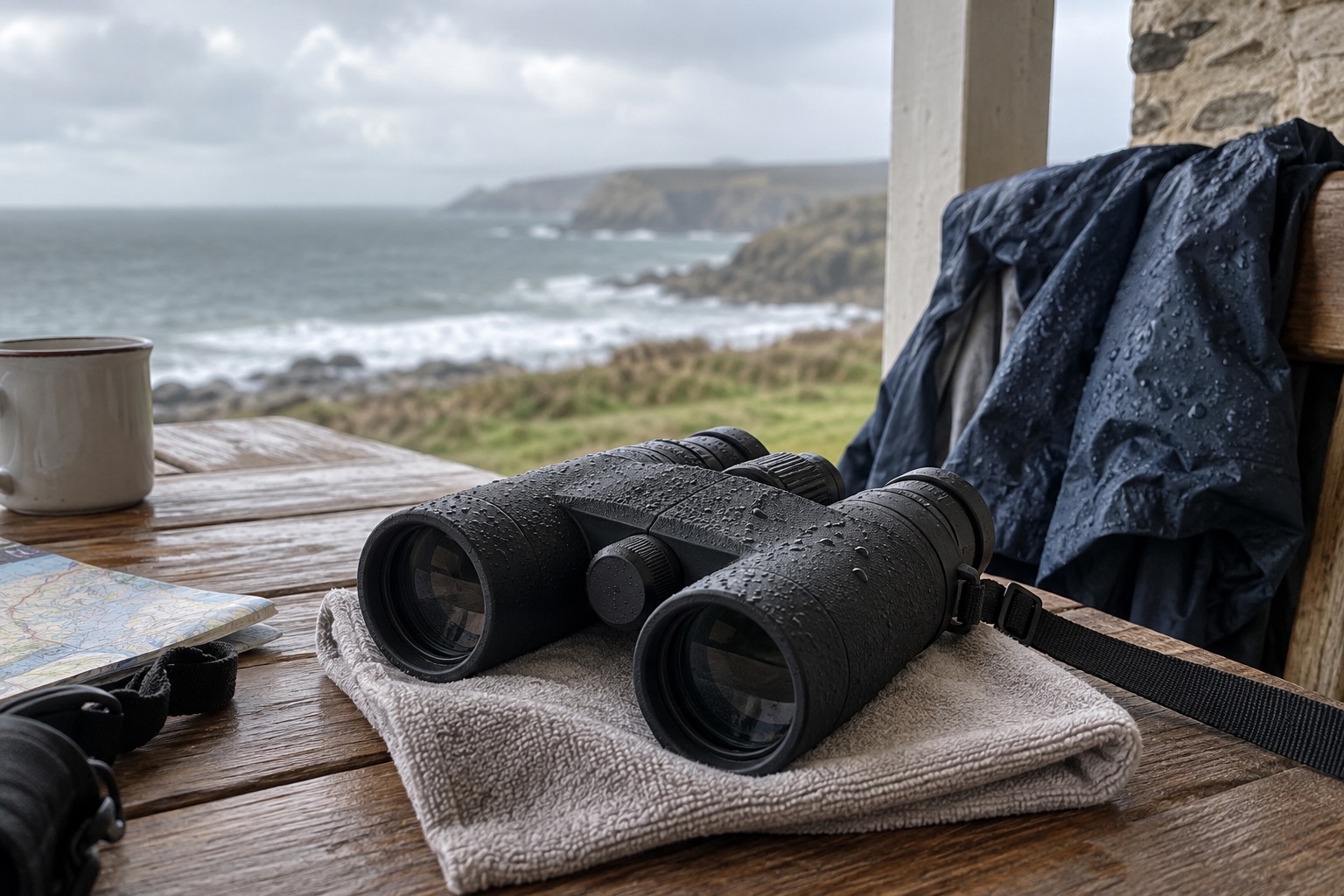 Unbranded binoculars drying on a cloth after a wet coastal walk