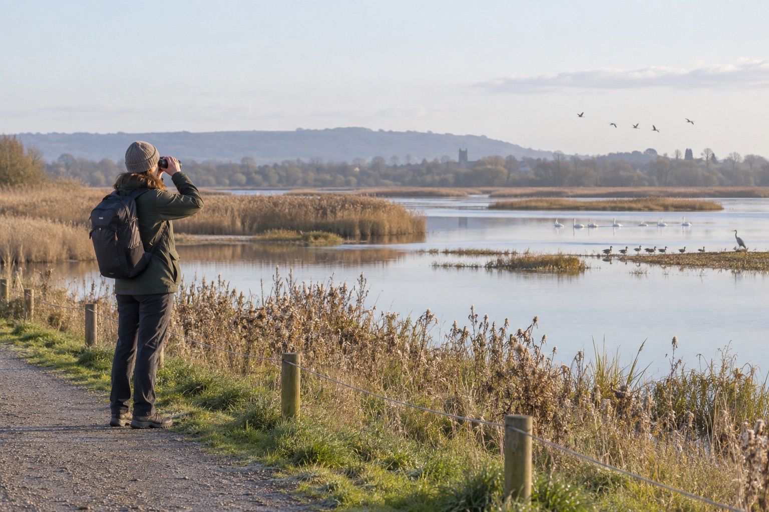 Observer watching distant birds from a path at a British wetland reserve