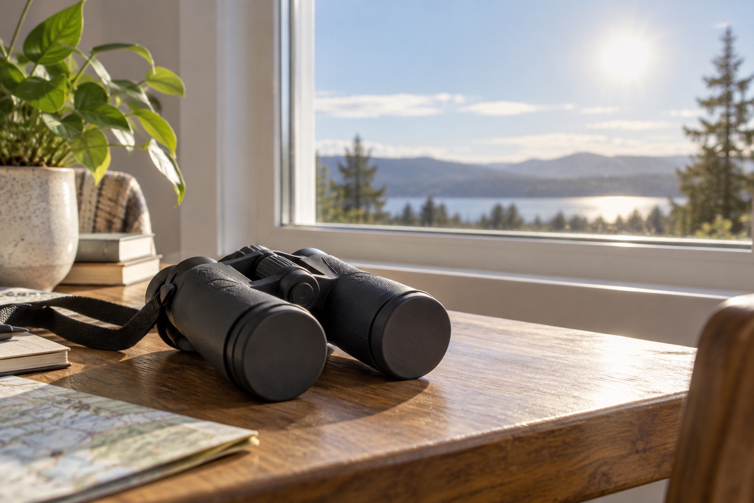 Capped binoculars pointing down on a table away from the sunlit window