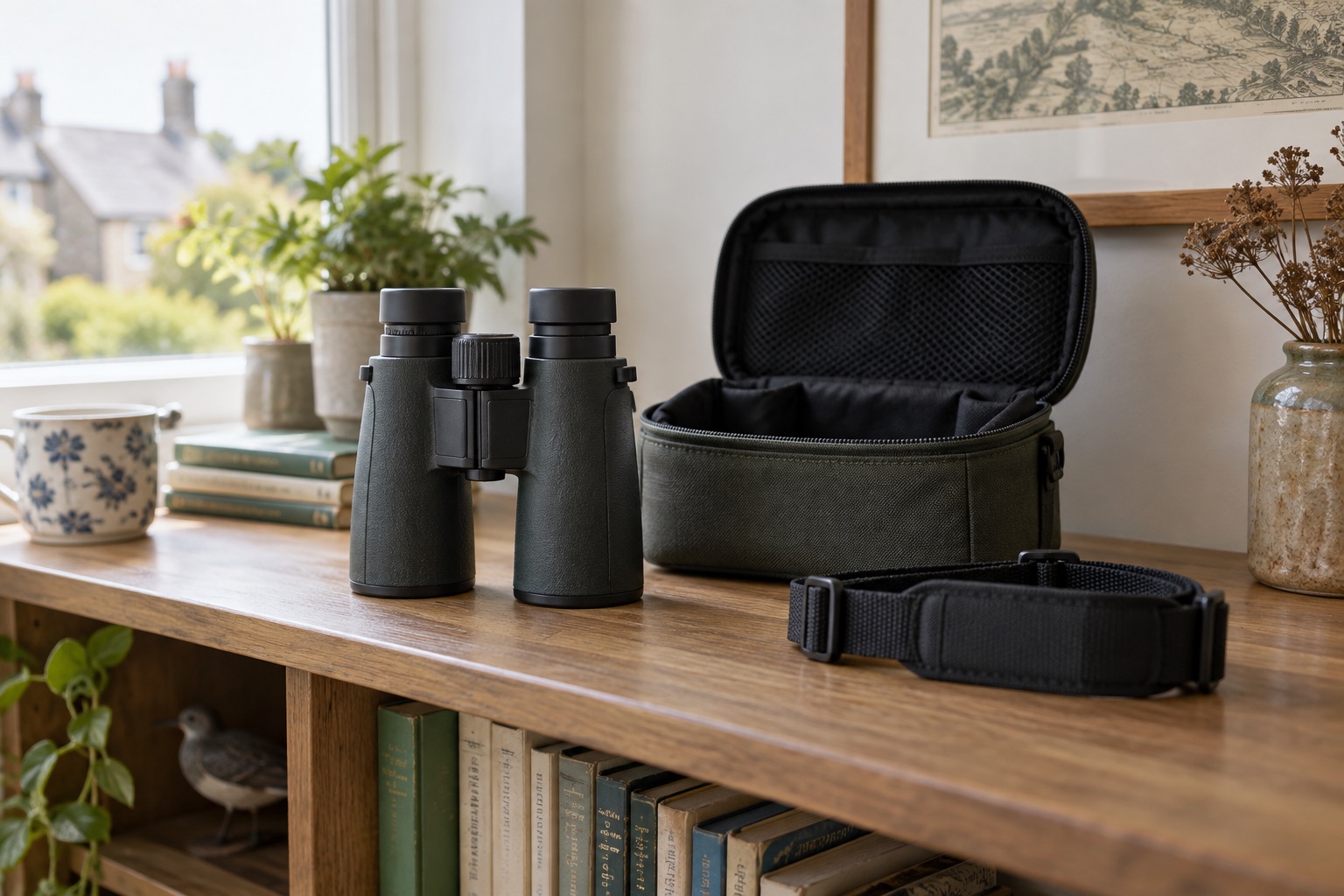 Dry binoculars beside an open soft case and clean strap on a shelf