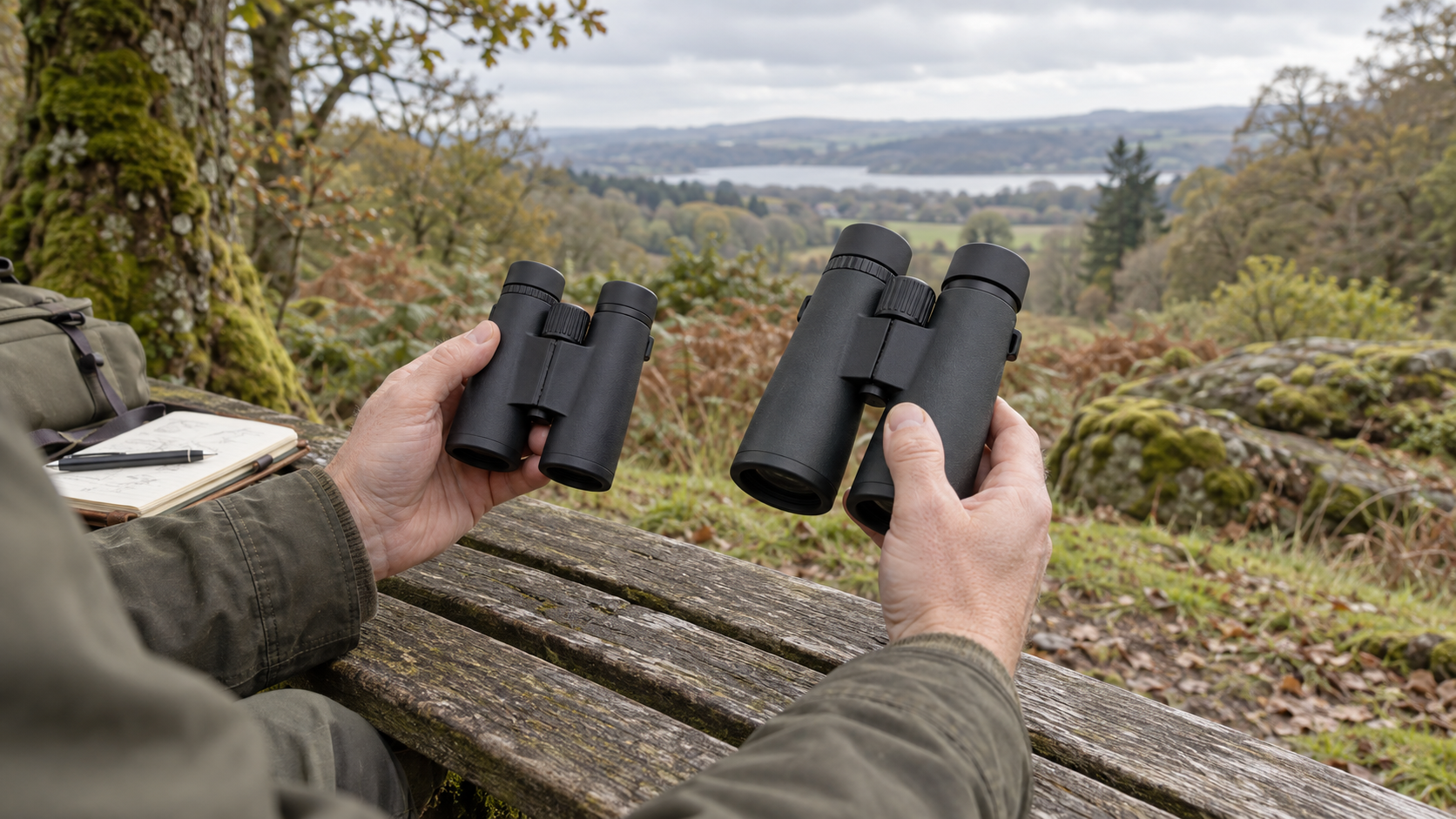 A person comparing compact and full-size unbranded binoculars beside a British woodland