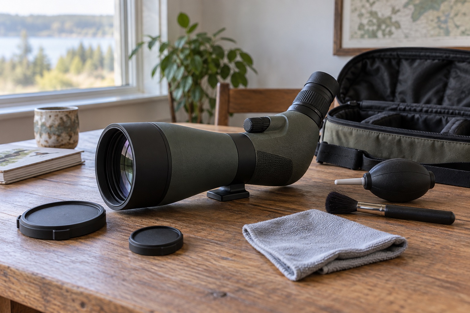 Unbranded angled scope drying beside a blower, soft brush, cloth and open padded case