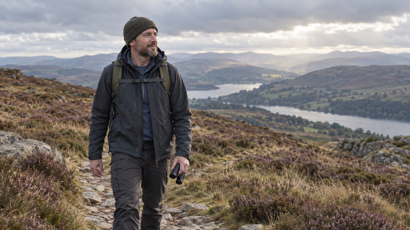 A walker holding compact binoculars on a British hill path