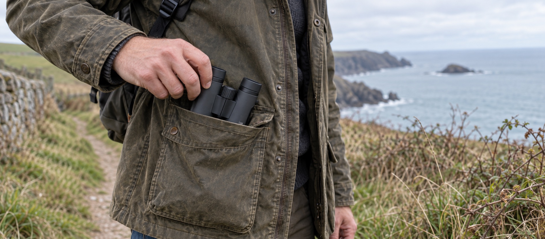 A walker lifting pocket-sized binoculars from a field jacket on a British coastal path