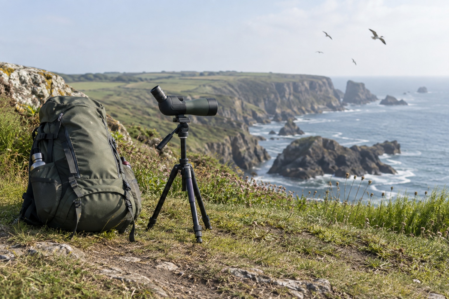 Small angled spotting scope and daypack on a British coastal path